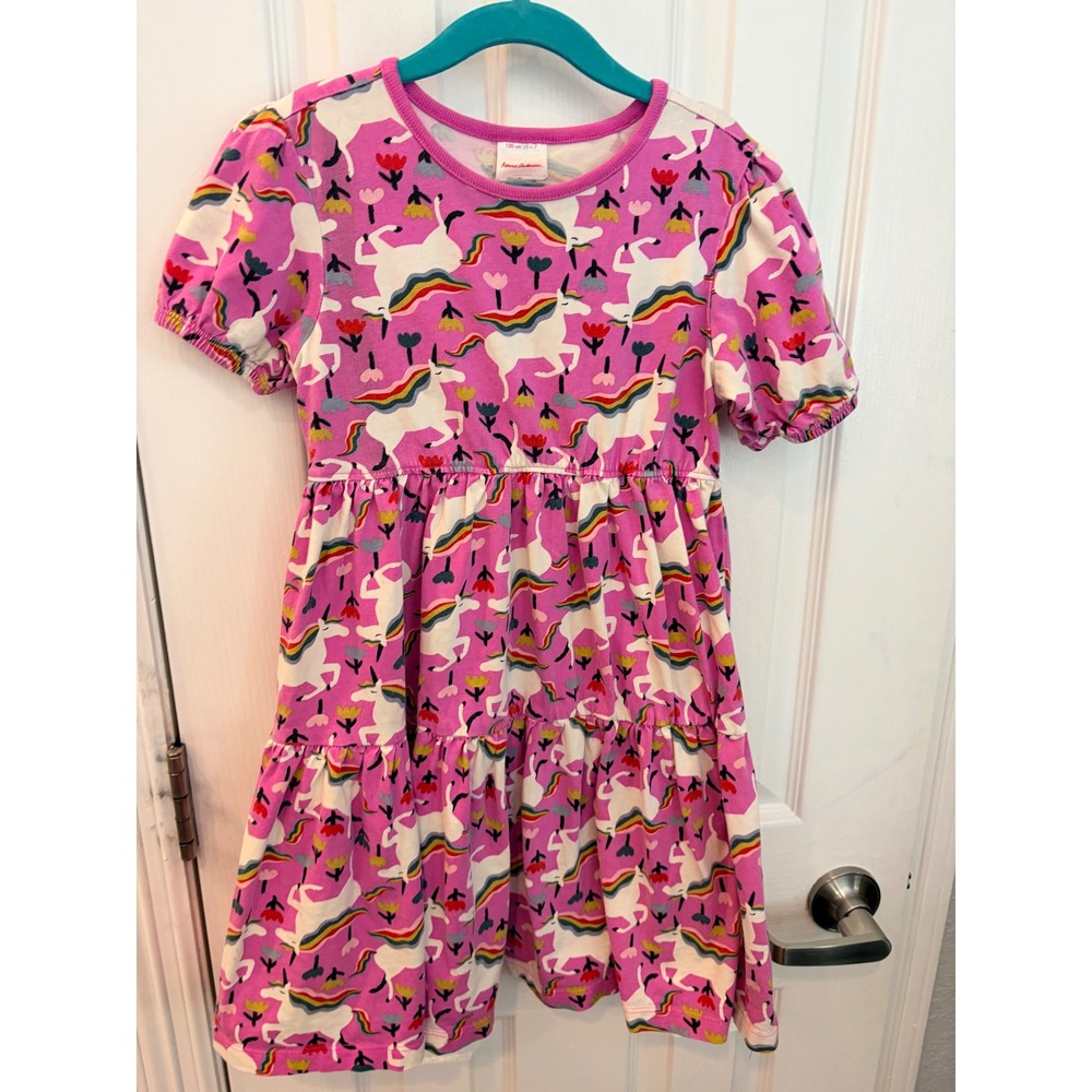 Hanna Andersson Dress Pink Unicorn Rainbow Tiered Knit Cotton Girls 6-7 120cm